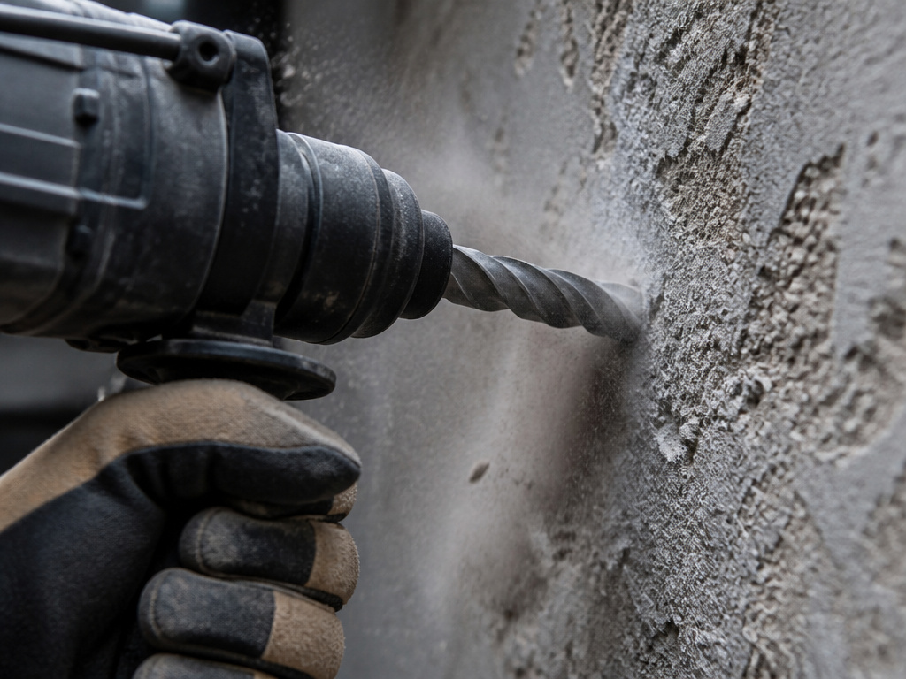 Hammer drill boring into concrete for anchor installation.