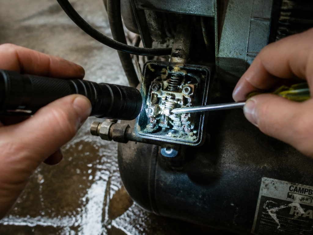 Manually cycling a corroded air compressor pressure switch in a damp garage.