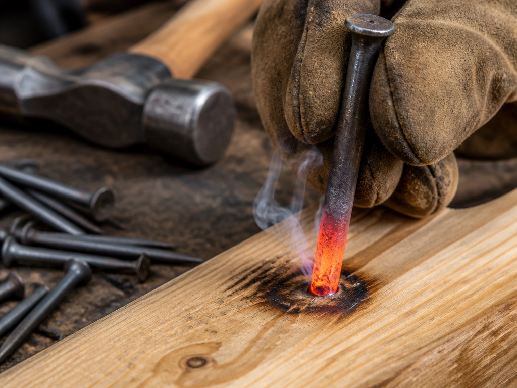 Burning a hole in wood with a heated nail, an extreme no-drill method.