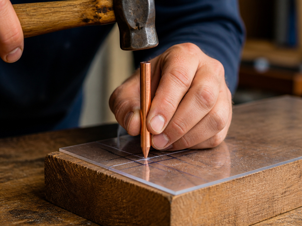 Using sharpened metal tubing and a hammer to punch a hole in thin plastic sheet.