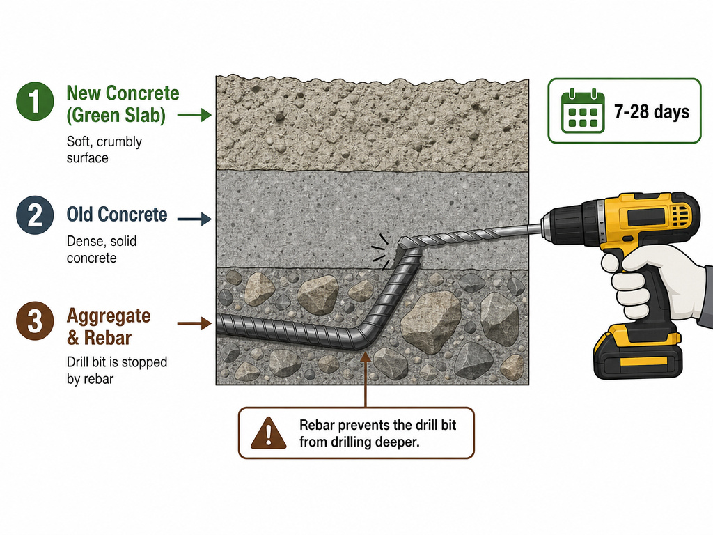 Diagram comparing new vs old concrete and drilling obstructions like rebar.