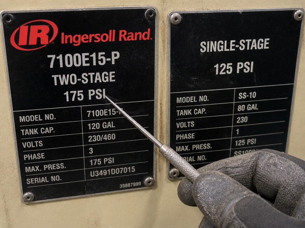 Comparison of two-stage and single-stage air compressor model specifications and pressure ratings.
