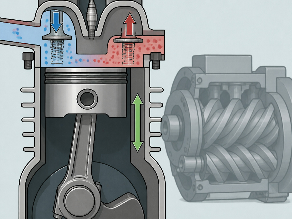 Diagram comparing reciprocating piston compressor mechanics to rotary screw compressor design.