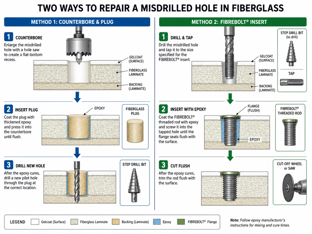 Two methods for repairing a misdrilled hole in a fiberglass panel diagram.