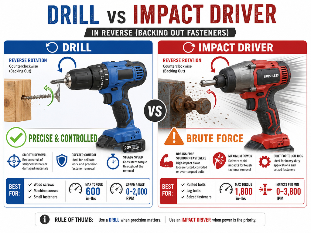 Drill reverse versus impact driver reverse function comparison infographic