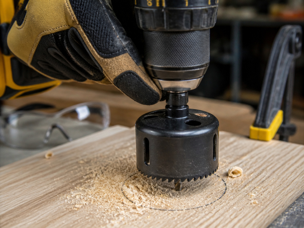 Close-up of a hole saw attached to a drill starting a cut in wood.