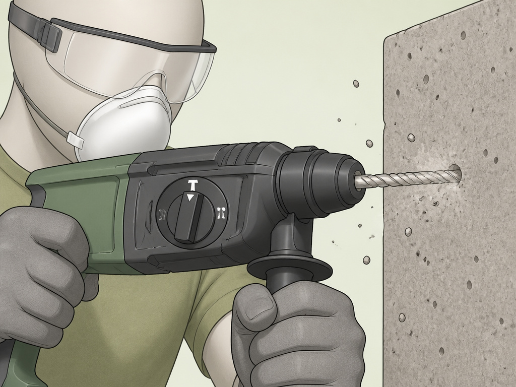 Close-up of safe hammer drill operation with proper PPE and tool setup.
