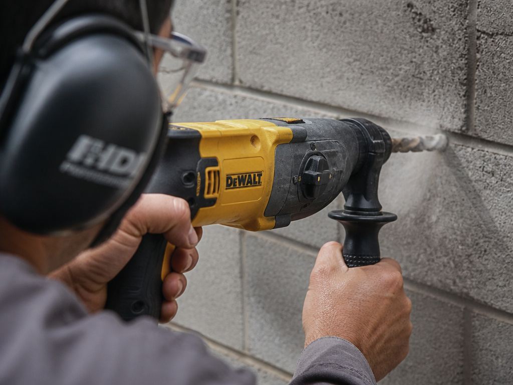Person using both hands to safely operate a hammer drill on concrete.