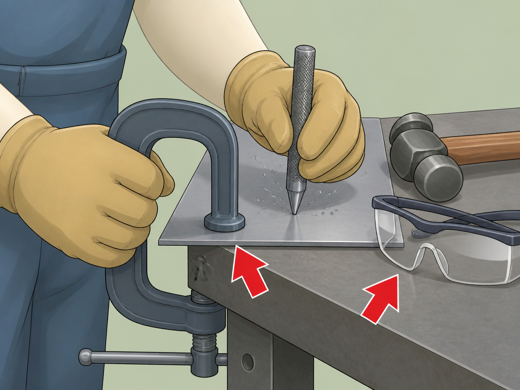 Safety setup for making holes in metal without a drill, showing clamping and eye protection.