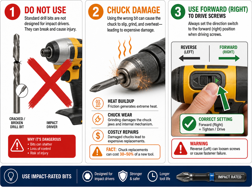Common safety mistakes when using an impact driver versus a power drill.