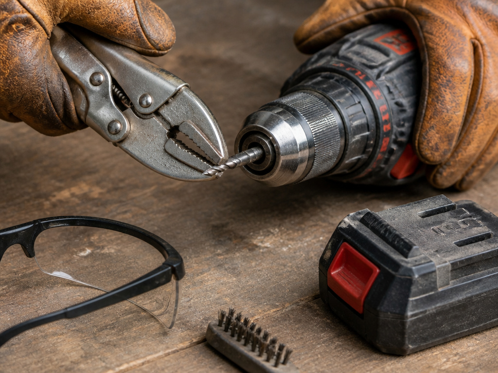 Using locking pliers to remove a stuck drill bit with safety gear nearby