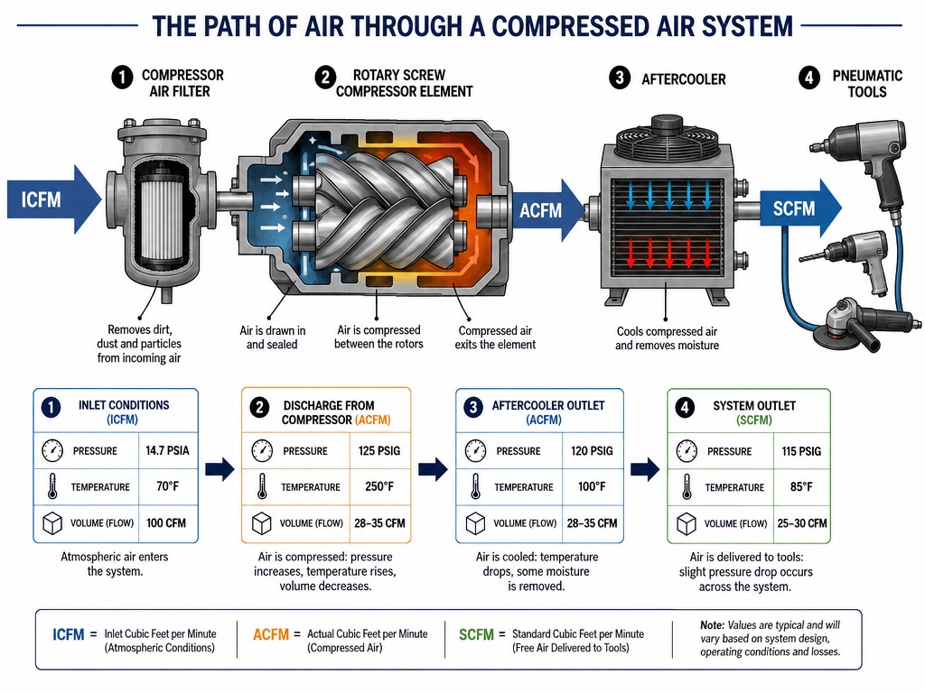 Diagram of SCFM, ACFM, and ICFM airflow in a compressor system