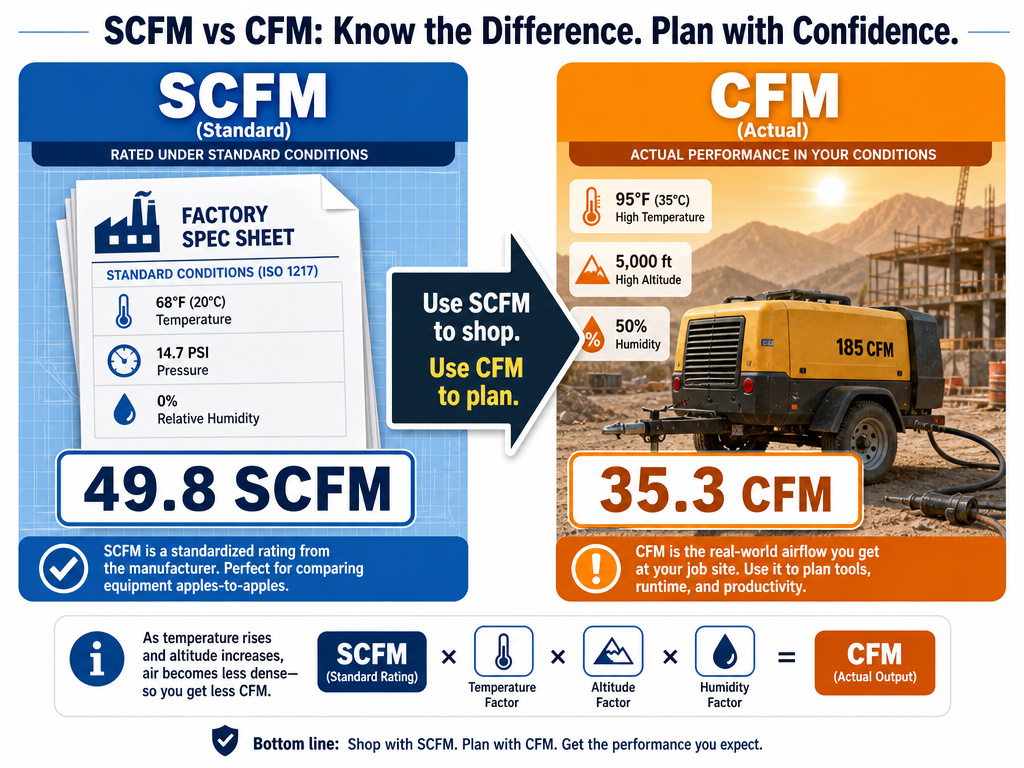 Infographic comparing SCFM vs CFM ratings for air compressor specifications and real-world use.
