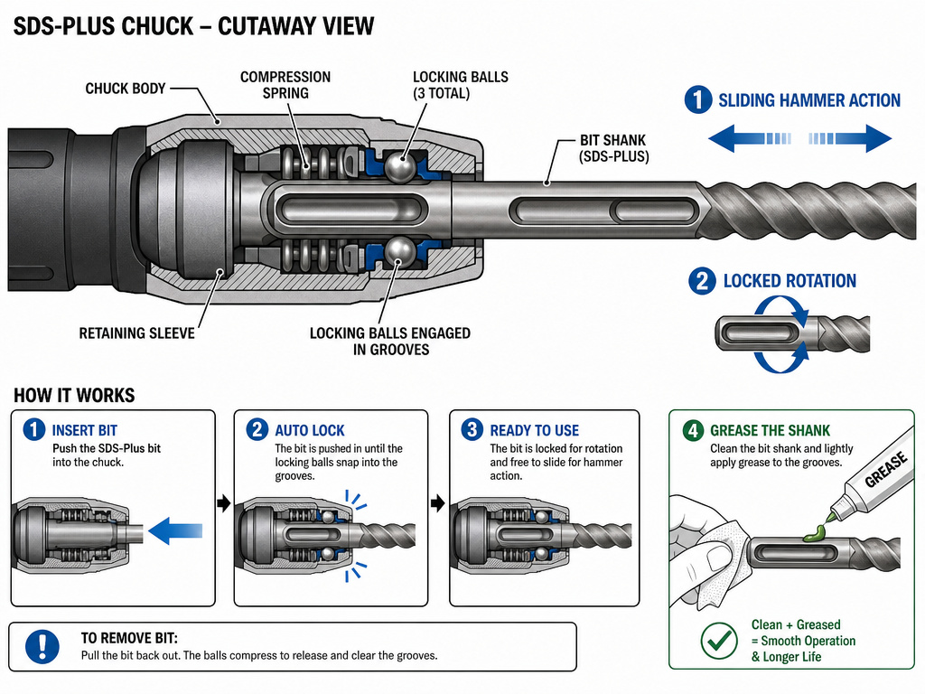 Cross-section diagram of an SDS chuck system showing bit compatibility and grease application.
