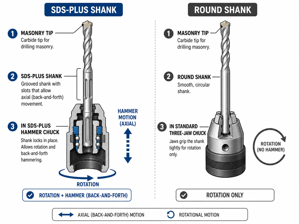 Comparison diagram of SDS shank vs round shank for hammer drill bits.