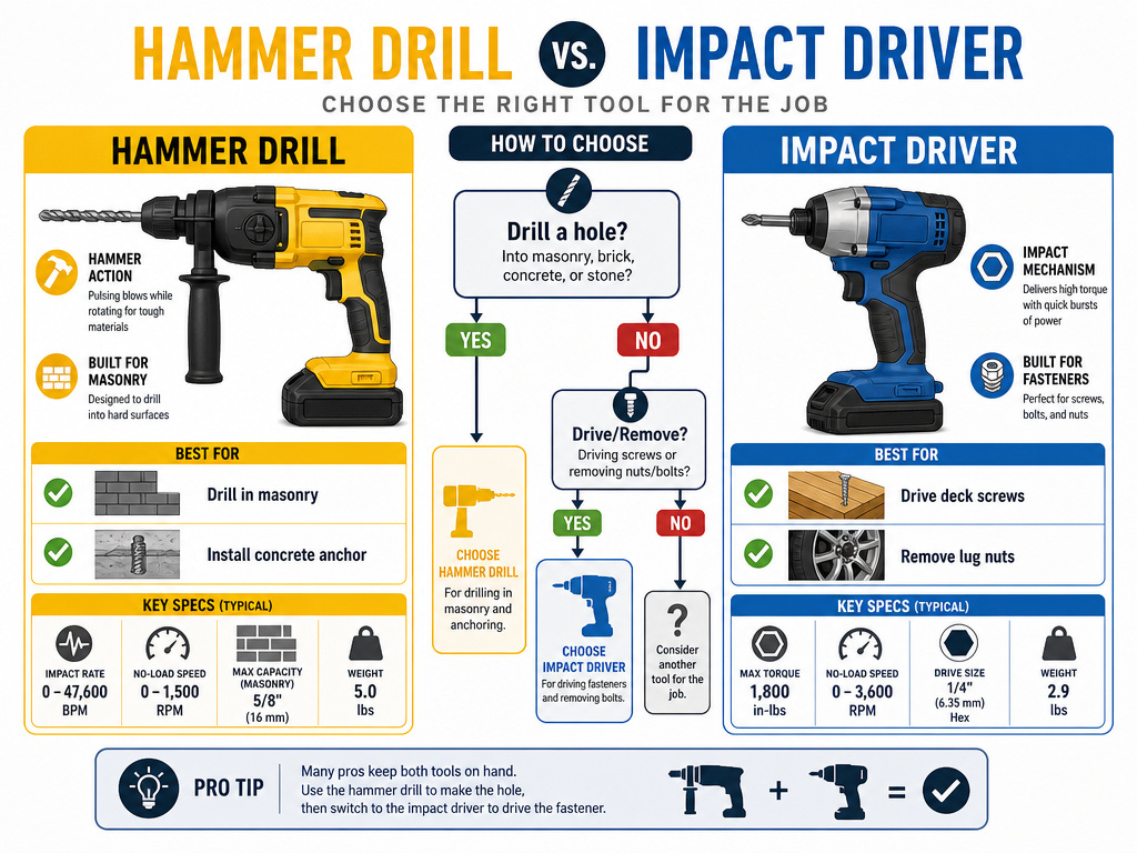 Hammer drill versus impact driver comparison chart for choosing the right tool.