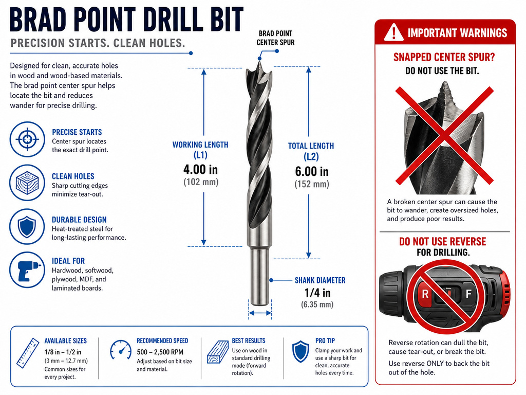 Brad point drill bit specifications, sizing chart, and common failure causes.