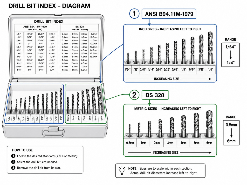 Diagram comparing ANSI and BS drill bit size standards in a labeled index.