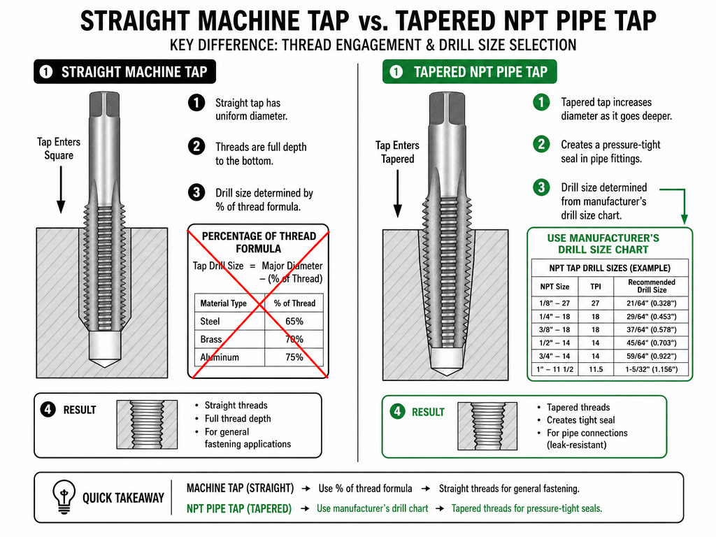Diagram comparing straight tap and tapered pipe tap drill size selection.