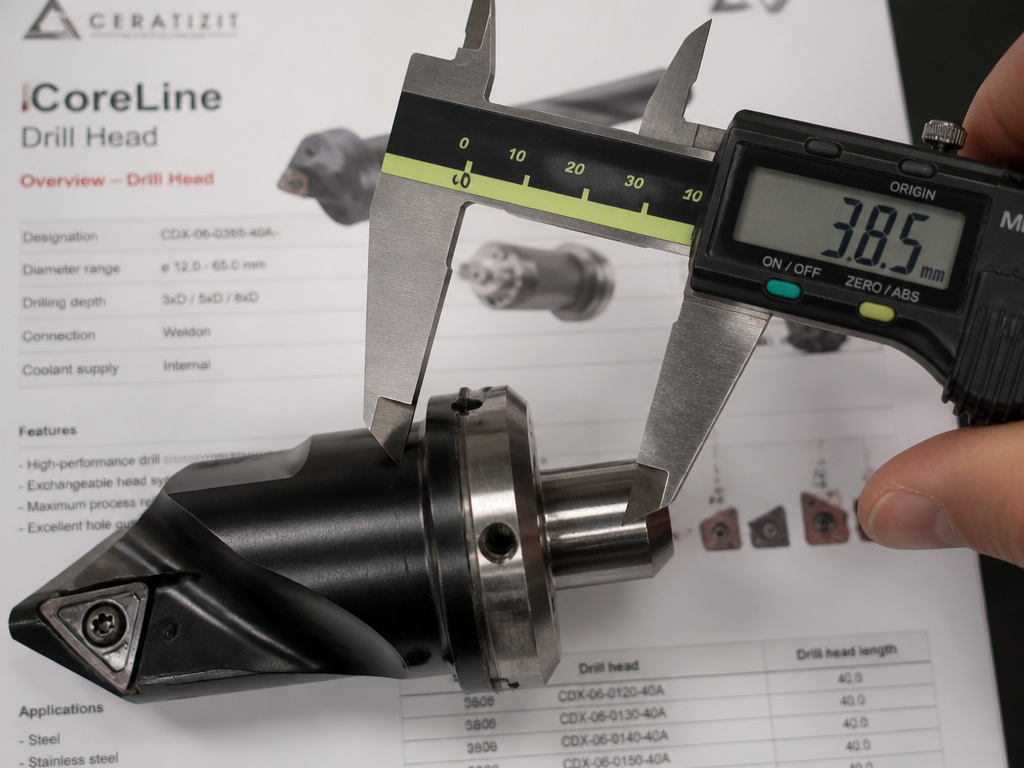 Close-up of a drill head spigot being measured with a digital caliper.