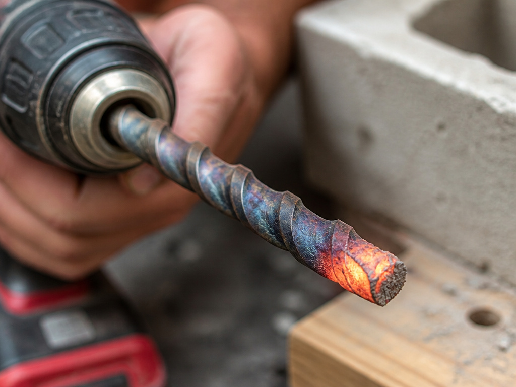 Overheated concrete drill bit tip glowing red from excessive RPM