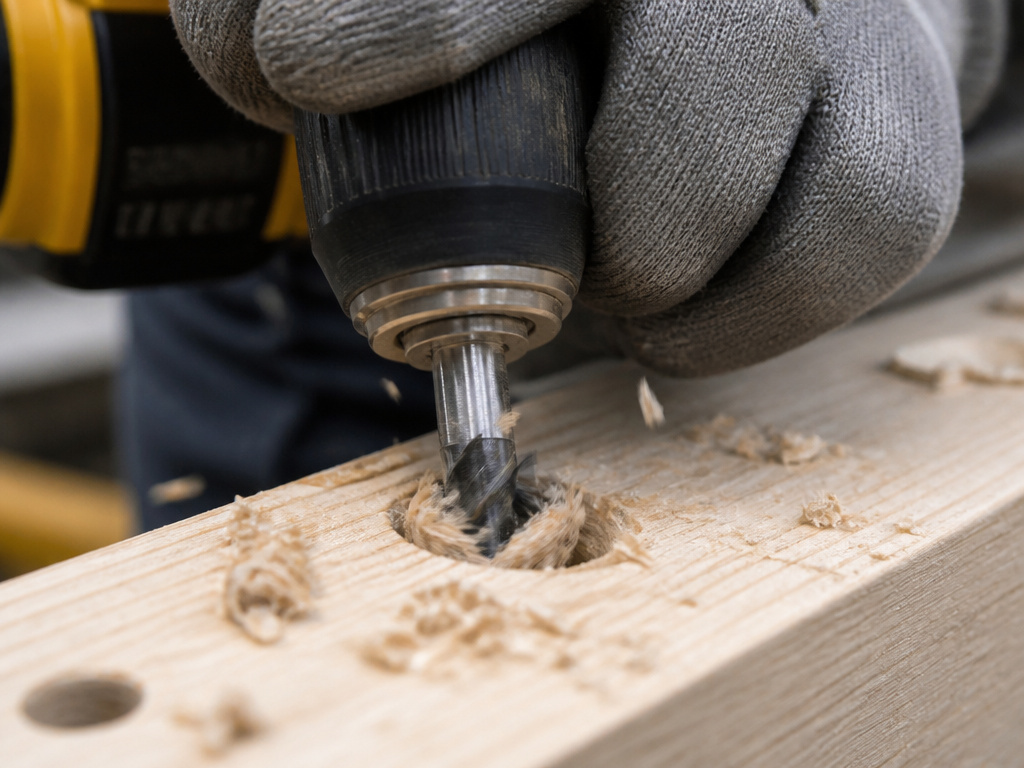 Countersink drill bit chattering and tearing wood due to incorrect speed and pressure.