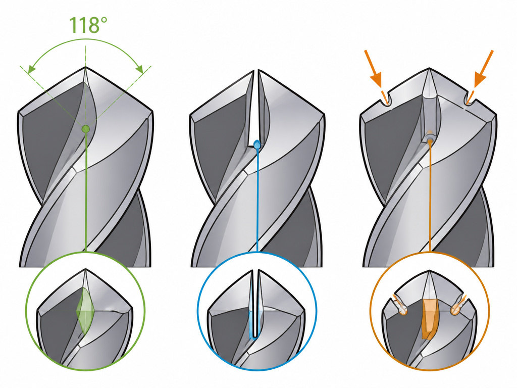 Split point vs notched point vs standard drill bit tip comparison diagram