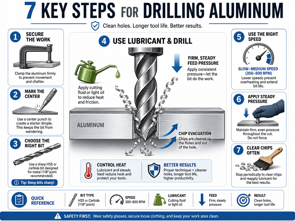 Step-by-step infographic for drilling clean holes in aluminum sheet metal.