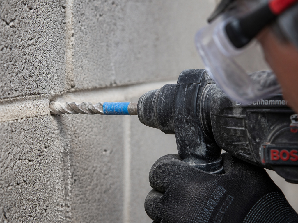 Close-up of drilling a hole into a cinder block with a hammer drill.
