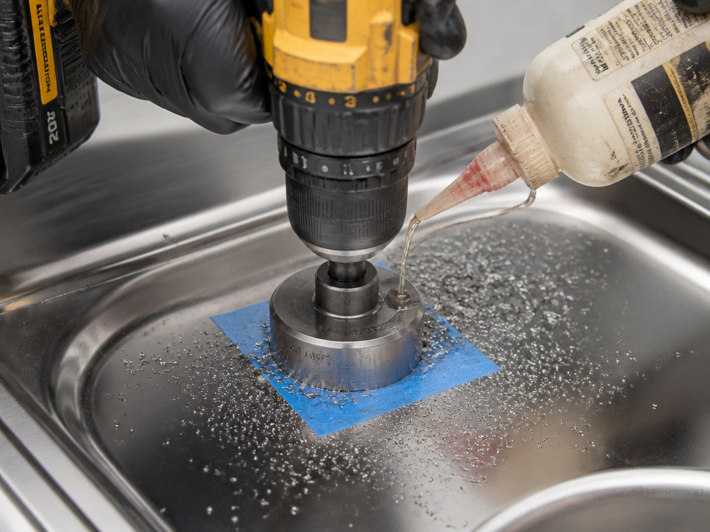 Drilling a faucet hole in a stainless steel sink with a hole saw and cutting oil.