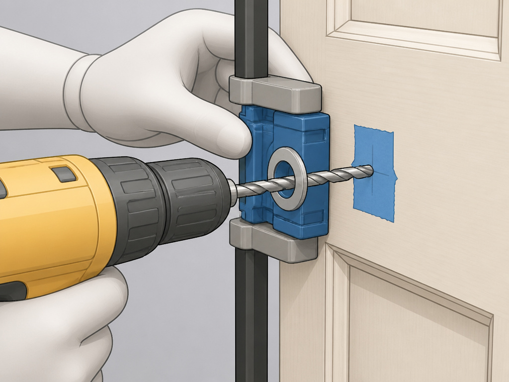 Cartoon illustration of drilling a straight pilot hole for a cabinet handle using a guide.