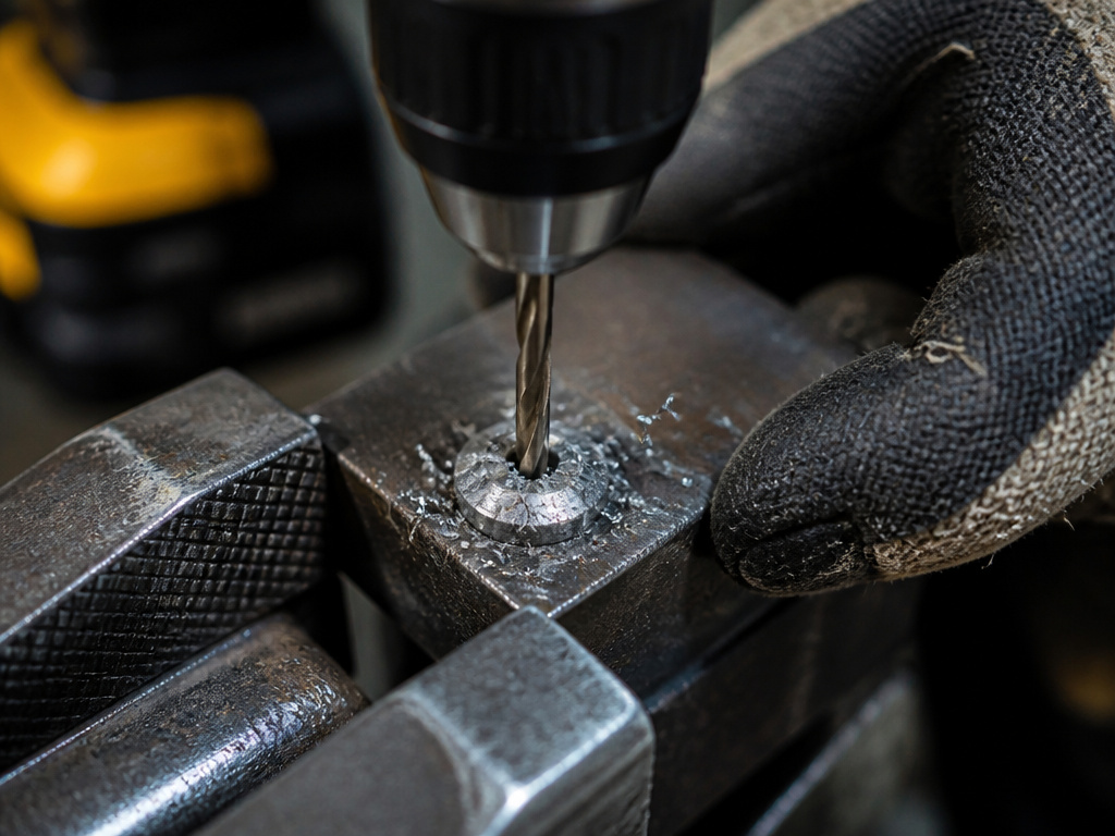Close-up of drilling out a stripped screw head with a power drill.