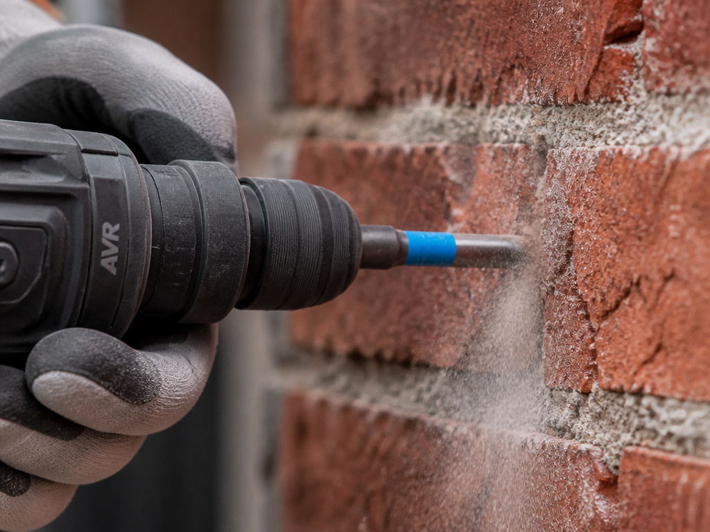 Carbide-tipped masonry drill bit creating a hole in red brick wall