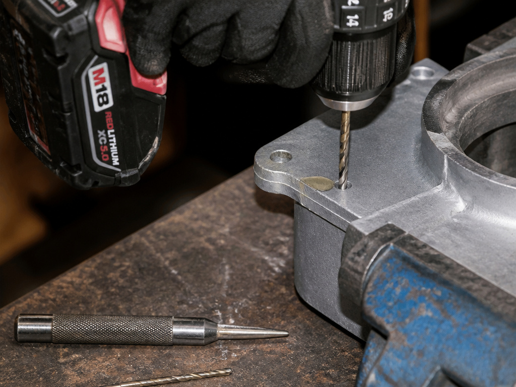 Close-up of drilling a pilot hole in pot metal with cutting fluid.