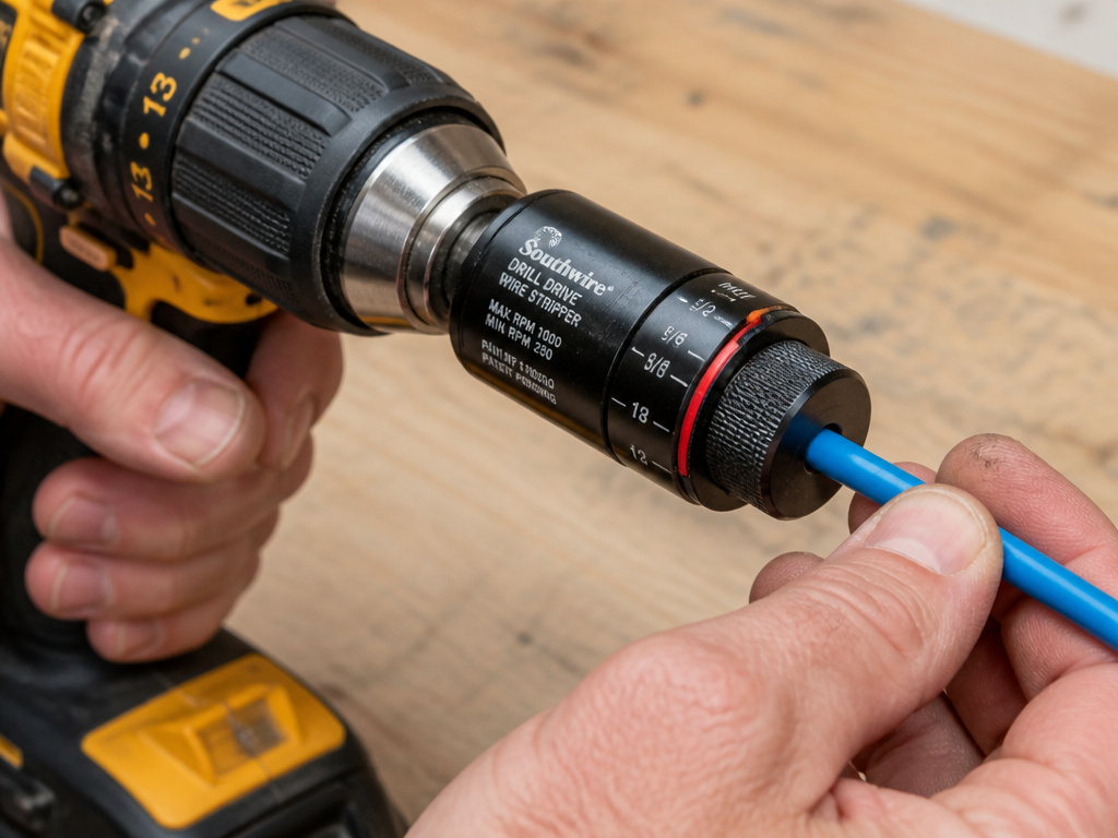 Close-up of using a drill-powered bushing stripper to strip copper wire insulation.