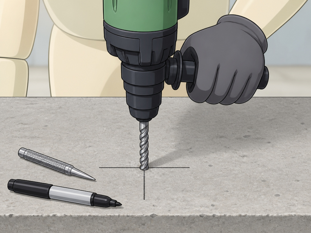 Close-up of marking and starting a drill hole in cement with a center punch.