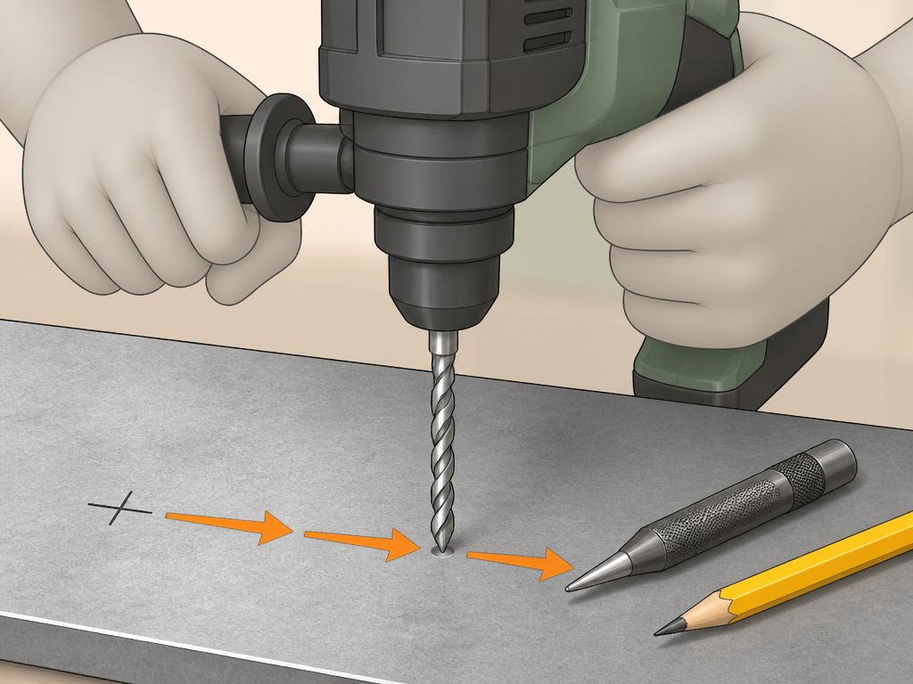 Cartoon diagram showing how to mark and align a hammer drill on metal.