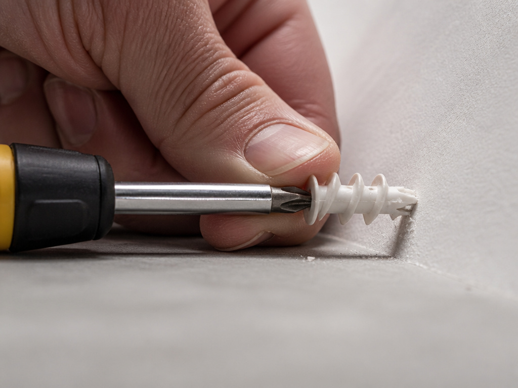 Close-up of installing a self-drilling plastic wall anchor without a drill.