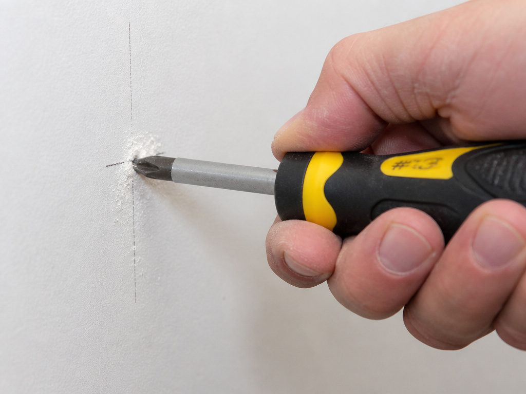 Close-up of starting a hole in drywall with a screwdriver and no drill.