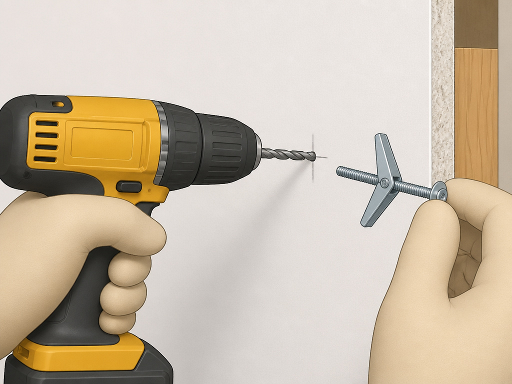 Close-up of drilling a hole for a toggle bolt to mount a TV without studs.