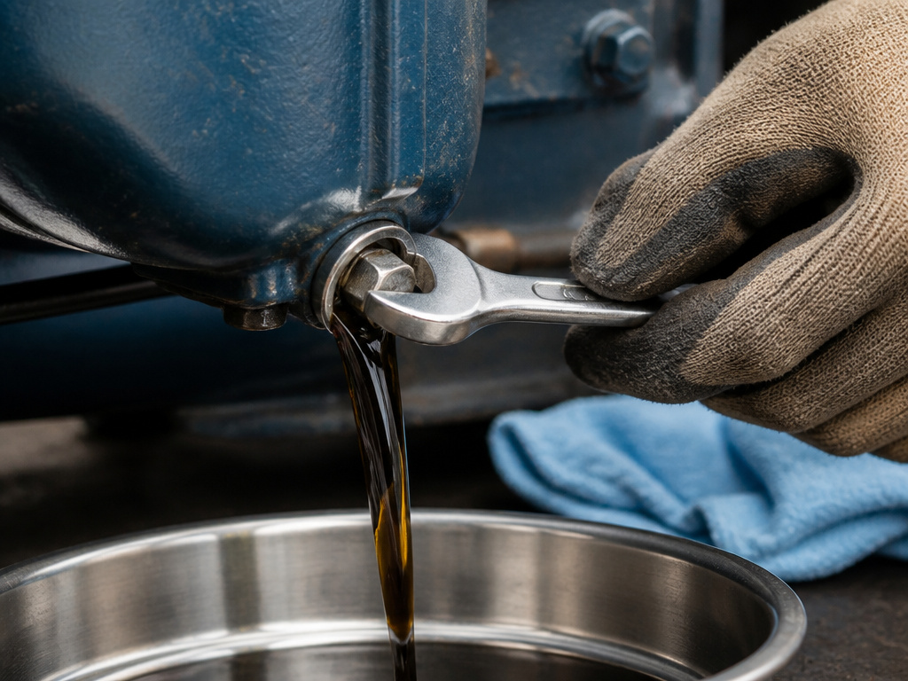 Draining old oil from an air compressor during a maintenance oil change.