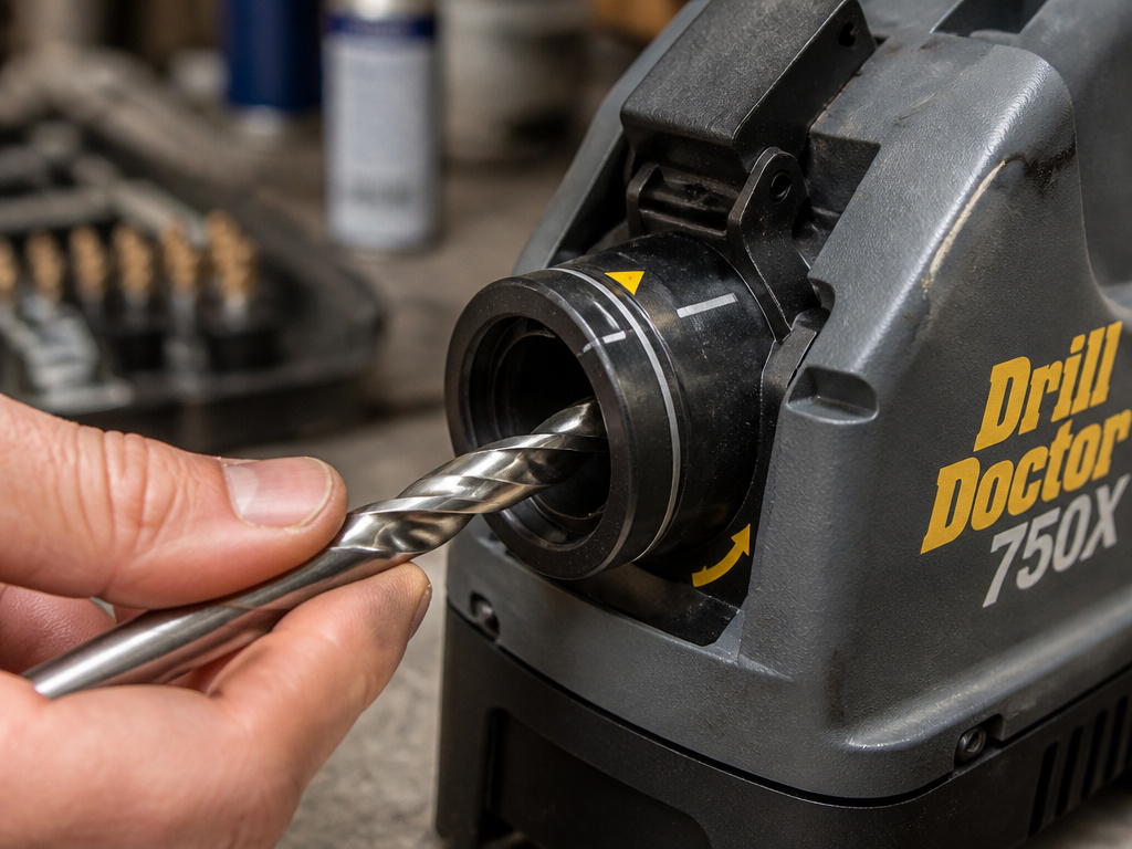 Close-up of aligning a drill bit in a dedicated sharpening machine chuck.