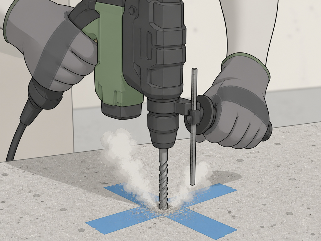 Step-by-step diagram showing how to drill a hole into concrete with a hammer drill.