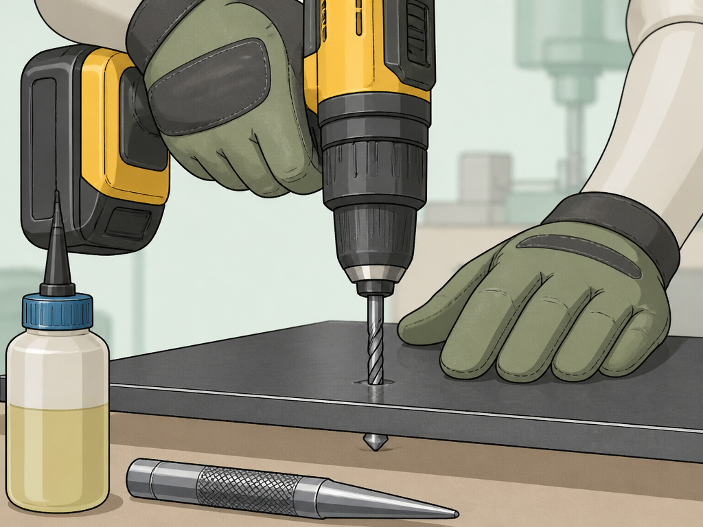 Close-up of dimpling technique for drilling clean holes in spring steel.