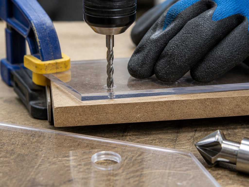 Clamping plastic to a backing board to prevent breakout when drilling.