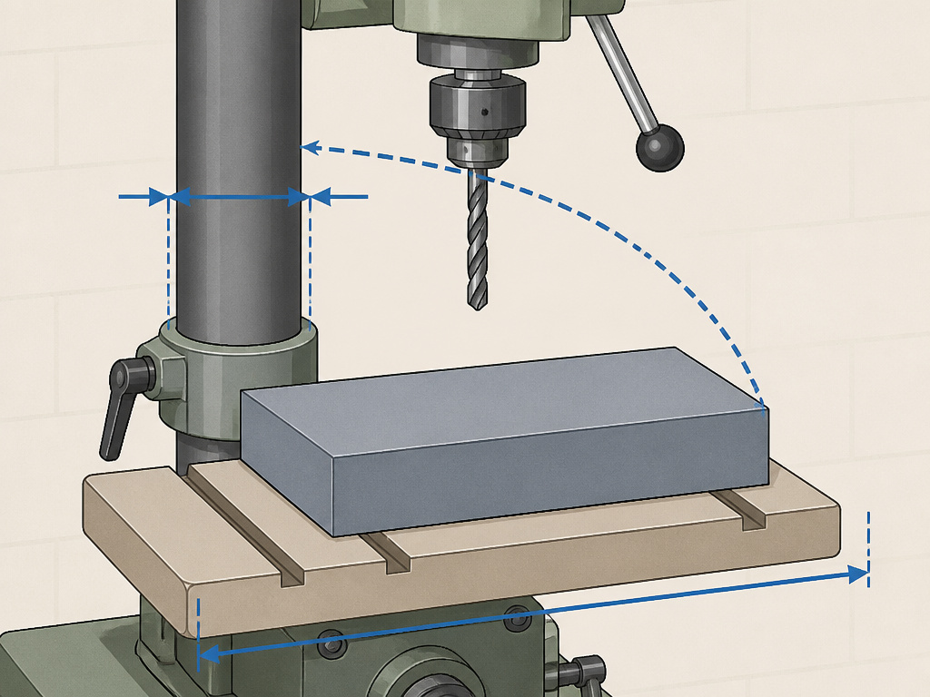 Drill press diagram showing swing radius, column diameter, and table size relationship.