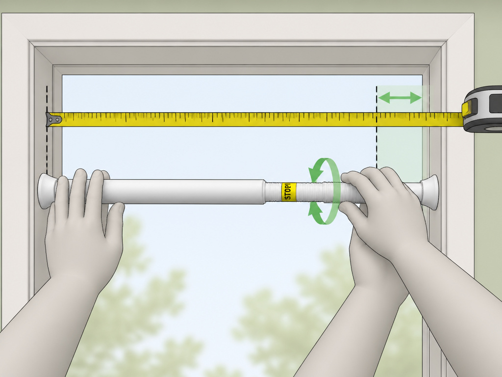 Two-person method for twisting and locking a tension curtain rod in place.