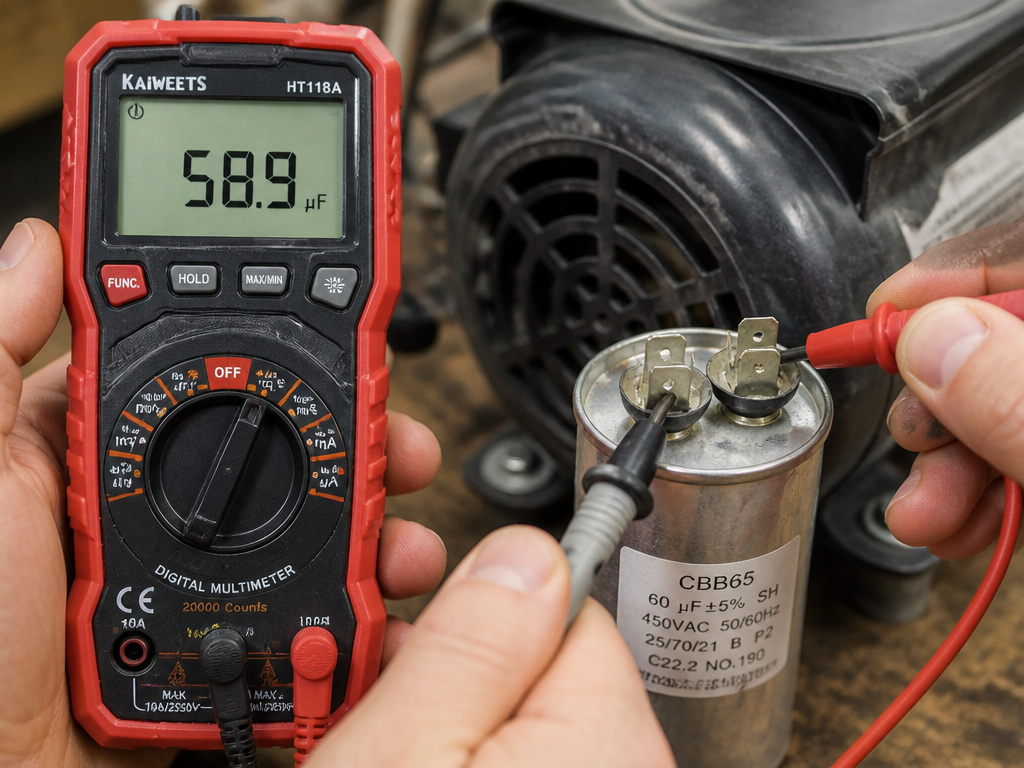 Testing a faulty motor capacitor on an air compressor with a multimeter