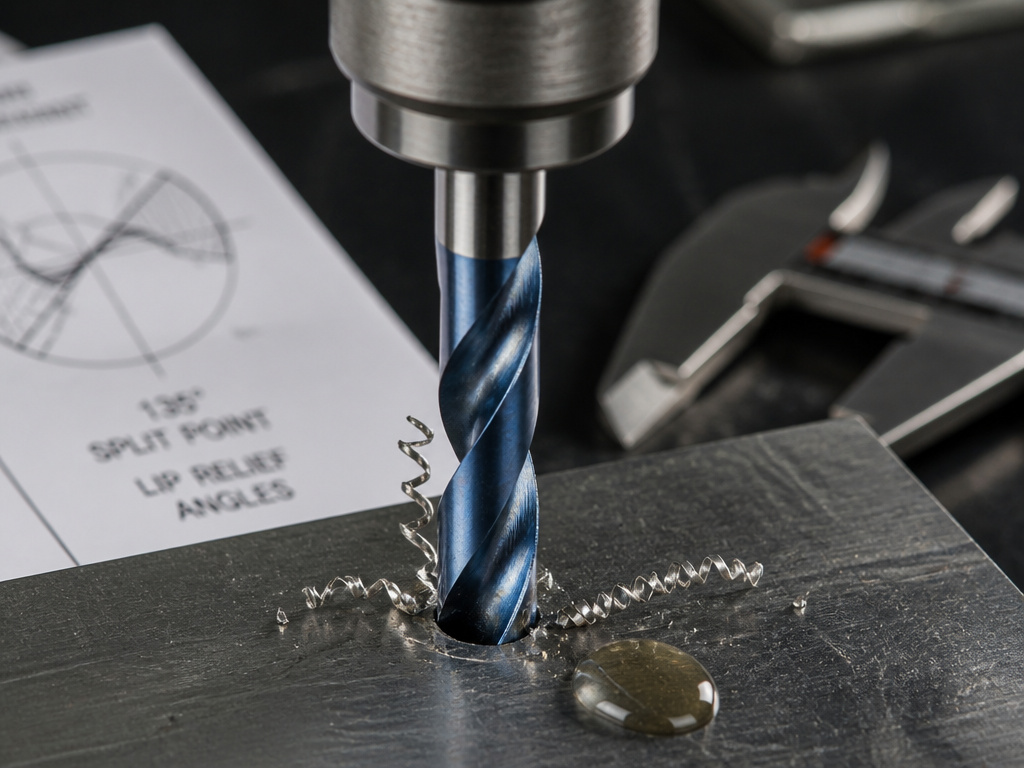 Close-up of a 135-degree cobalt drill bit cutting into stainless steel with cutting fluid.