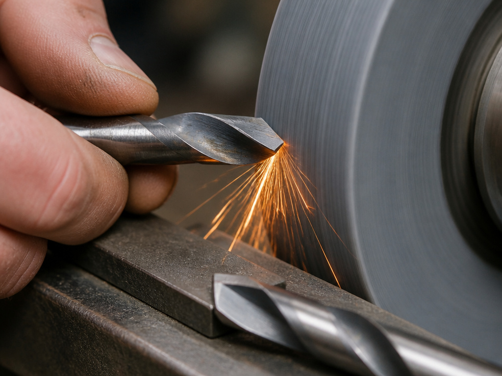 Correct drill bit sharpening technique on a bench grinder wheel.